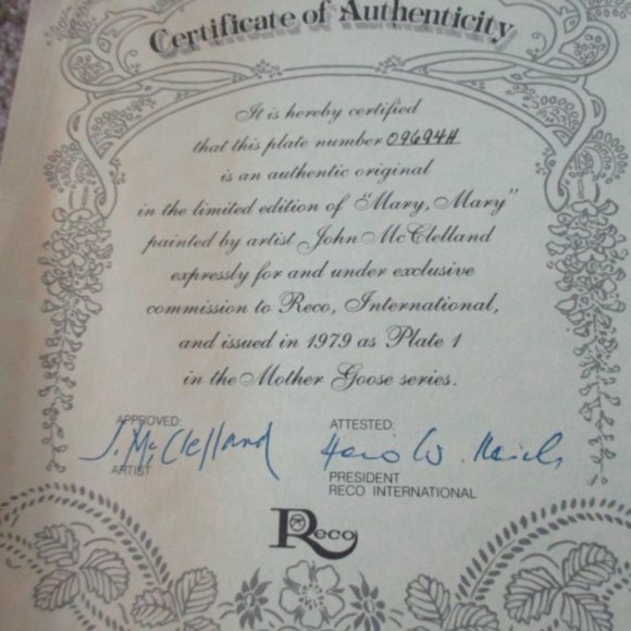 Mary Mary Mother Goose 1979 Reco Collectible Plate J. McClelland w/Box Certifica - Picture 5 of 5